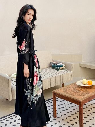 Чоловічий халат-кімоно з довгим рукавом з атласу, квітковий принт, чорний - Піон