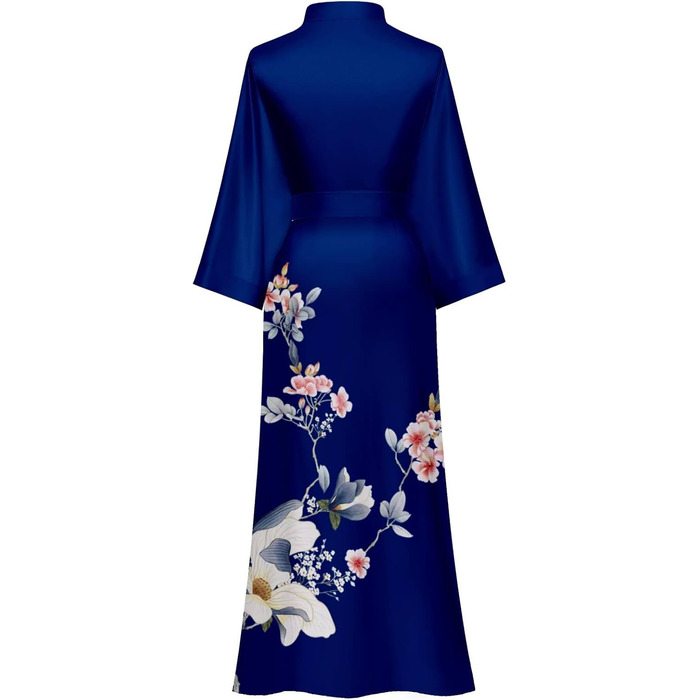 Жіночий шовковий халат-кімоно Moreone з квітковим принтом, довгий, нічна сорочка, атласний халат для нареченої та подружок нареченої (5-marine)