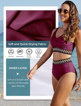 БІКІНІ жіночий комплект з високою талією, купальник з животом, двочастинний сексуальний V-подібний виріз, пуш-ап бікіні, кольоровий смугастий, великі розміри, бікіні для пляжу (пурпурно-червоний, L)