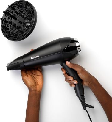 Фен для волосся BaByliss Turbo Smooth D572DE, 2200 Вт, з іонізацією та дифузором, 3 температурні режими, чорний