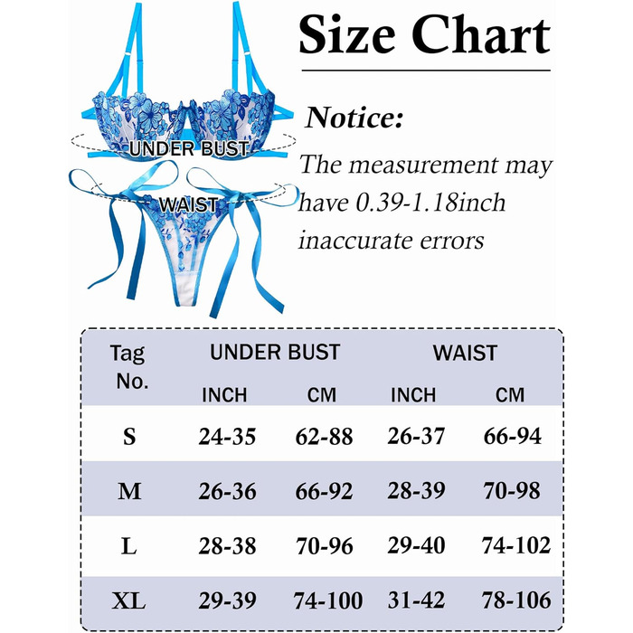 AEAU Комплект спідньої білизни: мереживний бюстгальтер та танга, прозорий, push-up, мереживний, квітковий, S-XL (блакитний, M)