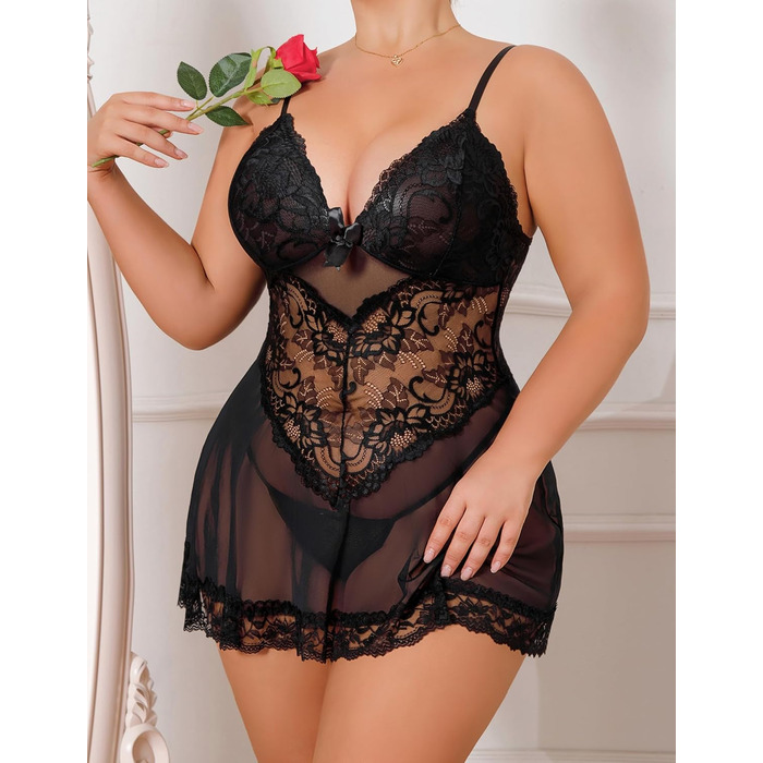 Чорна нічна сорочка Babydoll з мереживом Alrovetoney для жінок plus size (XXL)