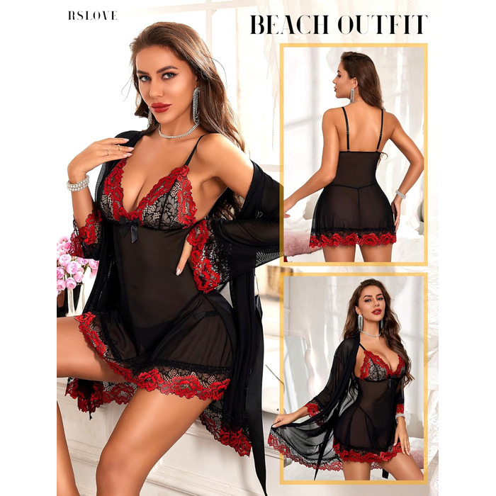 Сексуальна спідня білизна RSLOVE для жінок: мереживний бабідол з халатом, нічна сорочка, нічна сорочка, чорний, червоний, XL