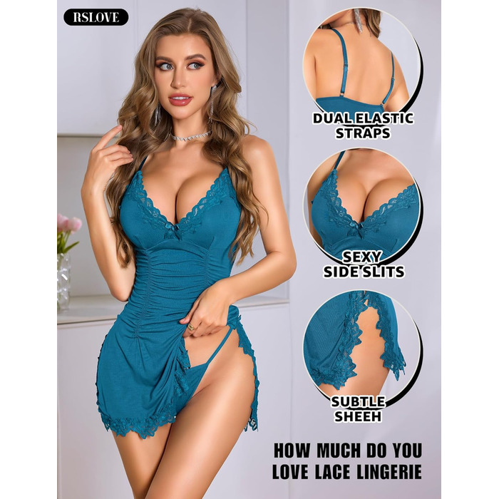 Babydoll RSLOVE для жінок - сексуальна нічна сорочка з мереживом, блакитний/зелений (S)