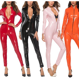 Комбінезон жіночий YZPNBW з еластичної шкіри (wetlook) з блискавкою, облягаючий, червоний, для клубів та вечірок, великий розмір XL