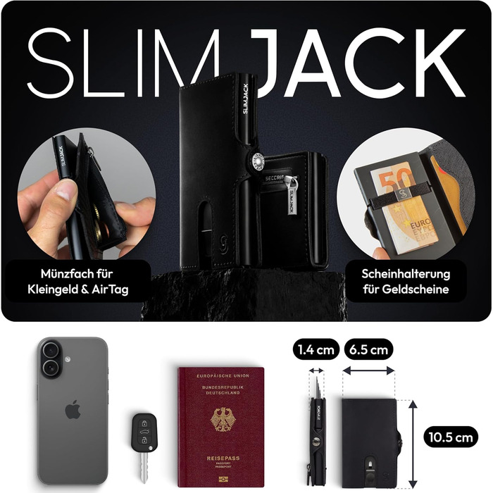 Чоловічий смарт-гаманець SLIMJACK з відділенням для монет та RFID-захистом, шкіряний тримач для кредитних карток з алюмінієвим корпусом, чорний