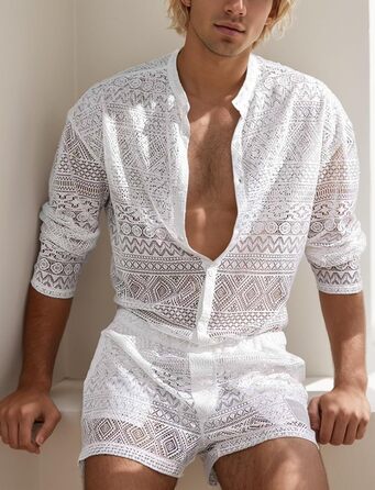 Panegy Комплект чоловічий: мереживчата шорти та сорочка з прозорої сітки, на ґудзиках, білий (S)
