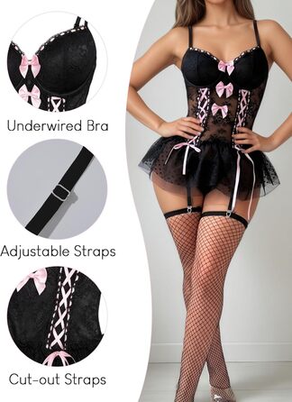 Комплект жіночої спокусливої білизни FEOYA: мереживний боді, корсет, трусики, панчохи, чорний, розмір XL