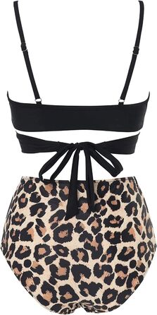 Бікіні жіночий з рюшами, комплект 2 шт. - топ з перехресною застібкою та пуш-ап, трусики з високою талією та зав'язками на спині, леопардовий принт, розмір XL