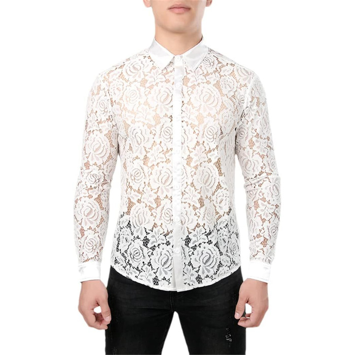 Чоловіча сорочка з сітки Bollrllr, прозора, облягаюча, з мереживом, для вечірок, клубів, випускного, розмір XXL, модель 6