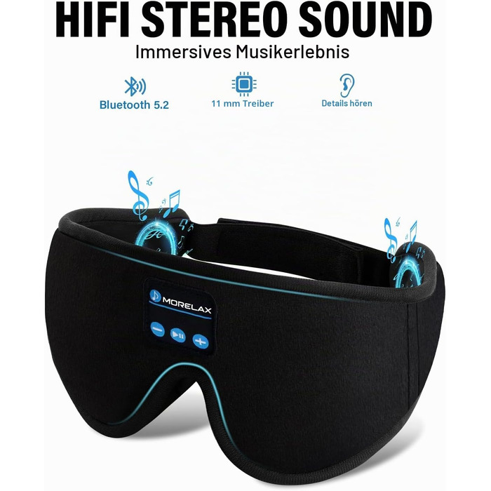 Маска для сну з Bluetooth-навушниками 3D, бездротова м'яка пов'язка на очі для сну на боці та спині, чорна