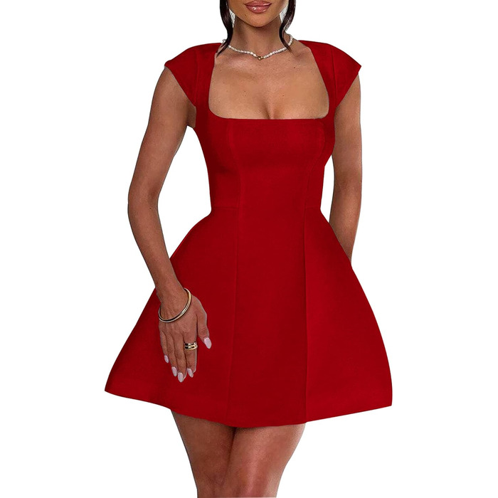 Жіноче міні-плаття LuFeng з квадратним вирізом, рукавами-крилами, повною підкладкою, блискавкою, силуетом А, для вечірок та клубів, сучасне, червоне/подорож, однотонне (Getaway Solids)