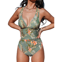 Купальник CUPSHE з V-подібним вирізом, корегуючими складками та глибоким вирізом на спині, одноцільний, оливковий/тропічний, для жінок