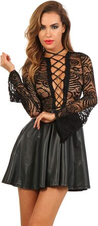 Мінісукня MISS NOIR з ефектом лакового покриття для вечірок - сексуальна сукня з гіпурової сітки з корсетом на шнурівці та розкльошеною спідницею, чорний, XL (19532-bk)