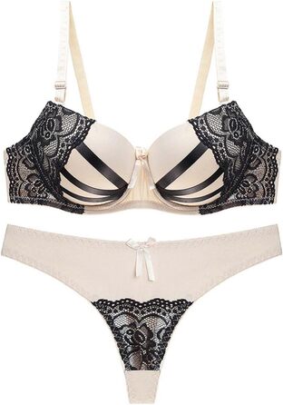 Сексуальна жіноча білизна: комплект з мереживом, V-подібний виріз, push-up, бежевий, Китай, розмір 42