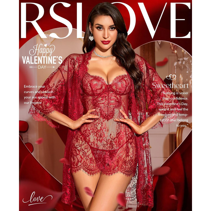 RSLOVE Комплект нижньої білизни для жінок: мереживний комплект з квітковим принтом, 3-частинний (Т-розріз), нічна сорочка, халат, розмір M, бордовий