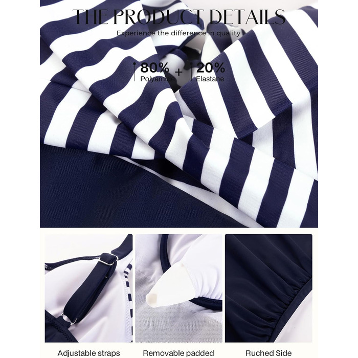 Tankini верх Hanna Nikole з контролем живота, вузлики, V-подібний виріз, купальник (синьо-білі смужки, M)