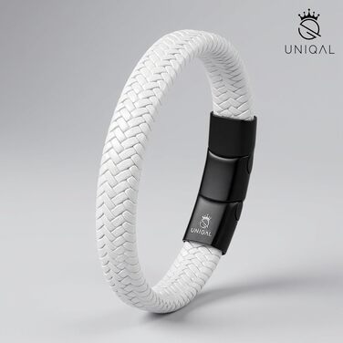 Шкіряний чоловічий браслет UNIQAL 'BRAID' з плетіння та нержавіючої сталі, білий, 21 см (у подарунковій коробці)