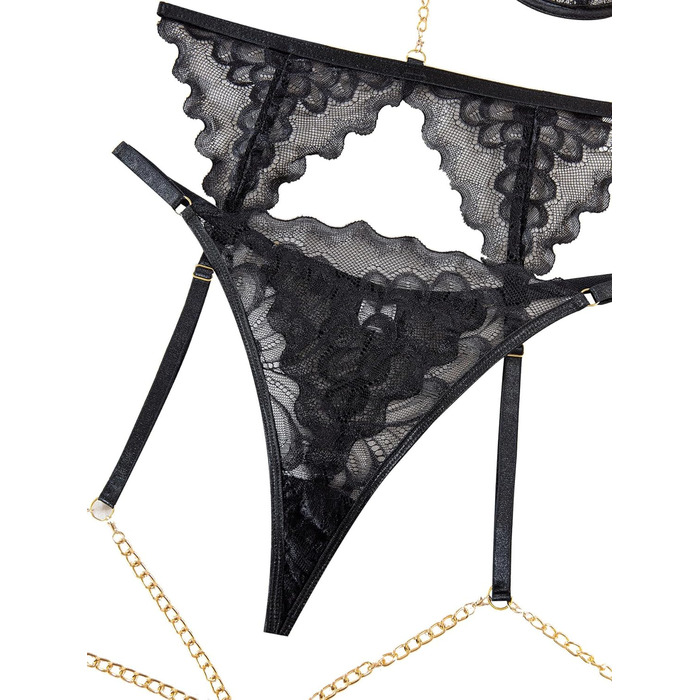 Комплект спідньої білизни Lilosy з чокером, мереживо з квітковим візерунком, Push-up, стрінг, для жінок, прозорий бюстгальтер та трусики, 3-частини (3XS, ланцюжок чорний)