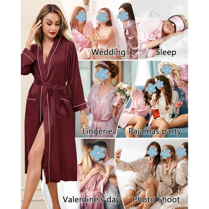 Жіночий атласний халат довгий, баня халат, кімоно, легкий, весільний, м'який, для вечірки, нічна сорочка, V-подібний виріз, S-X (XL, пурпурно-червоний)