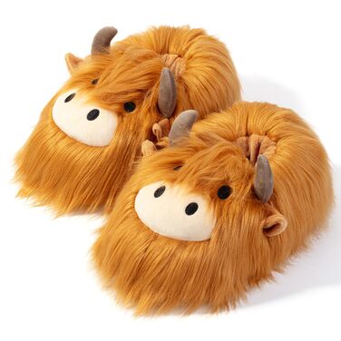 Плюшеві капці Corimori Bessie Highland Cow (шотландська корова) з гнучкою підошвою та гумкою, універсальний розмір (дитячий 25-33.5 та дорослий 34-44)
