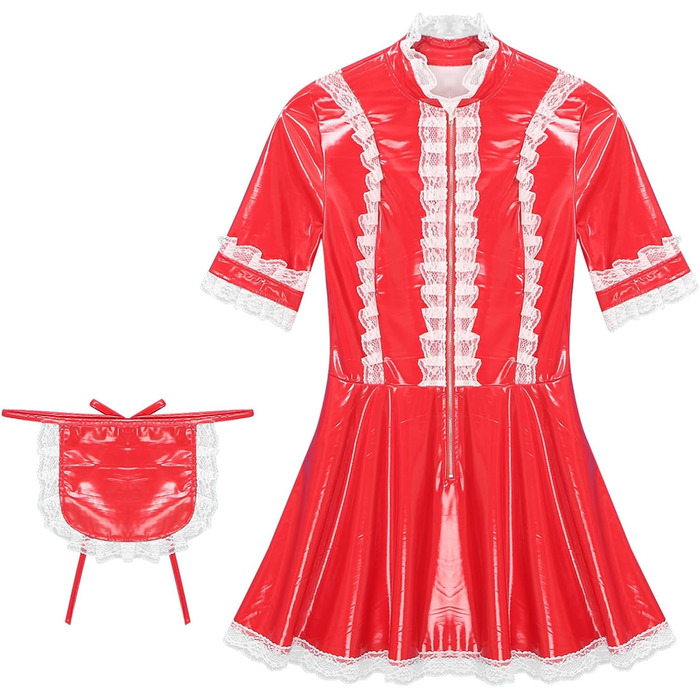 Костюм горничної FEESHOW з вологого блиску, сукня та фартух, французький костюм служниці, карнавальний костюм, костюм для вечірки (XXL, Червоний)