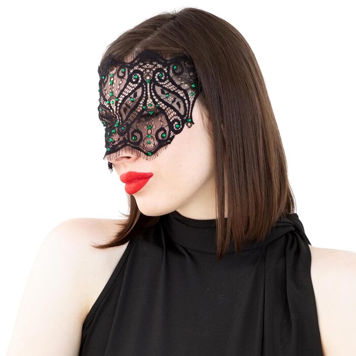 Чорна мереживна маска для жінок з кристалами - елегантна венеціанська маска для карнавалу, вечірки в готичному стилі, косплею, свята - ручної роботи (чорний колір, зелені стрази)
