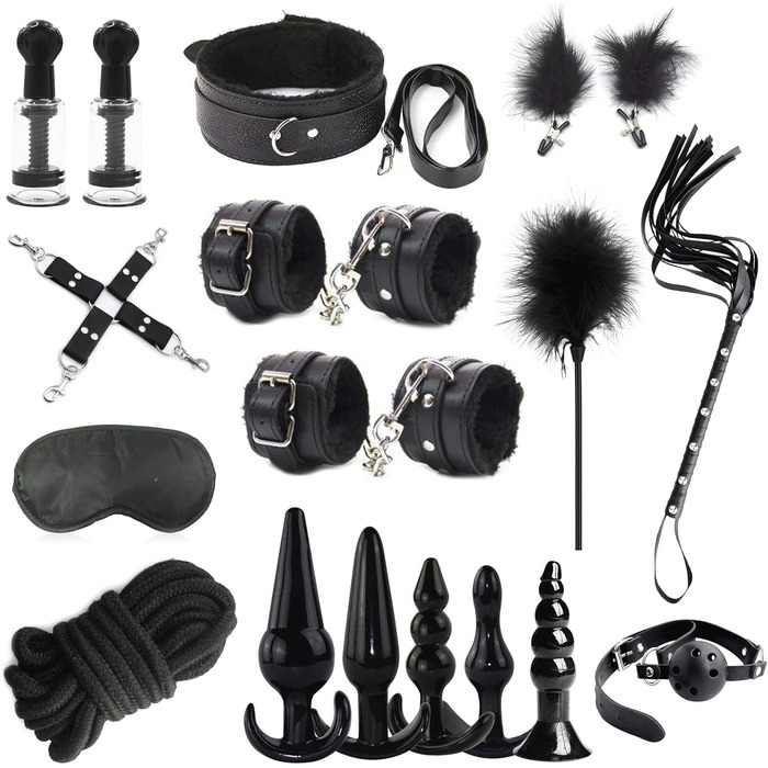 Набір для БДСМ: 26 предметів (наручники, аналплаг, кільце для пеніса, чікер, кліпси для сосків, маска для очей, батіг, приглушник)