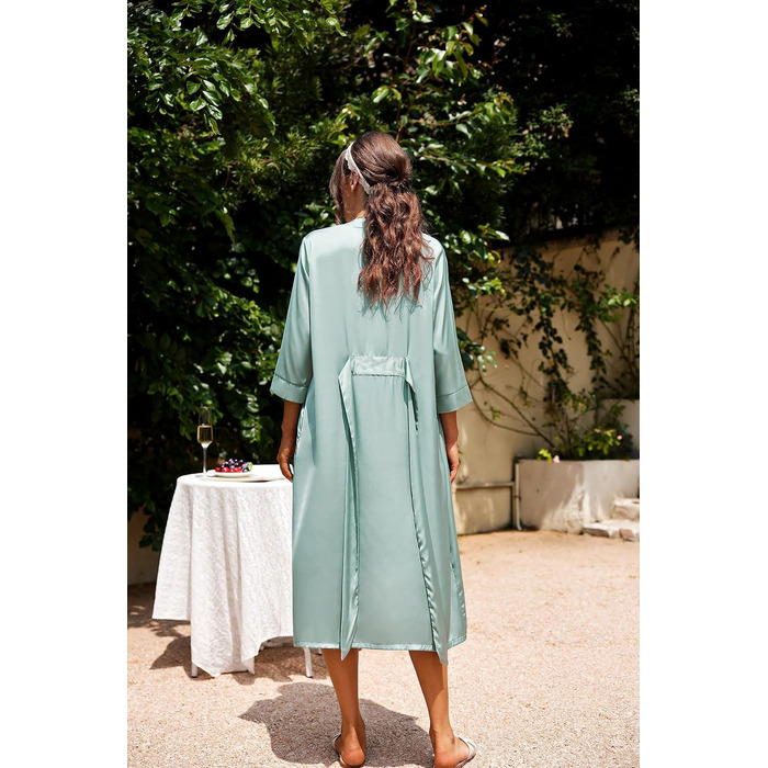 Сукня весільна для подружок наречених з атласу, довга, розкішна, високої якості, для вечірки, кімоно, шовкова сукня, 3/4 рукав, м'яка та легка, піжама з кишенями, S-XXL, шампань (S, салатовий)