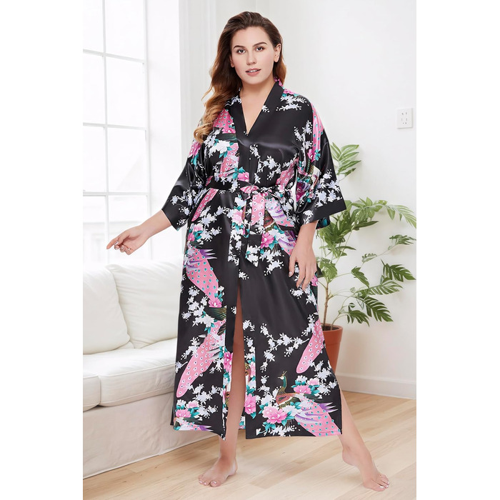 Чоловічий халат BABEYOND з довгим рукавом, шовковий сатин, кімоно, принт 'павич', чорний