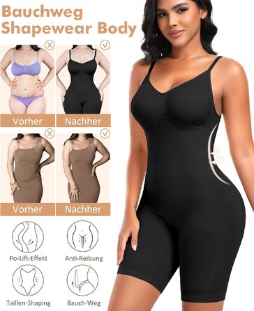 Коригуючий боді для жінок Werena Shapewear — безшовний утягуючий одяг для живота та стегон, формуючий боді-шорти з регульованими бретелями, чорний, розмір L