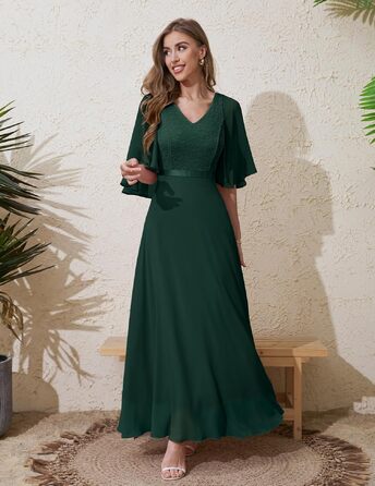 Вечірня сукня DRESSTES для жінок: елегантна maxi-сукня з шифоновими рукавами-кейпом для весіль, коктейльних вечірок та свят (S, темно-зелена)