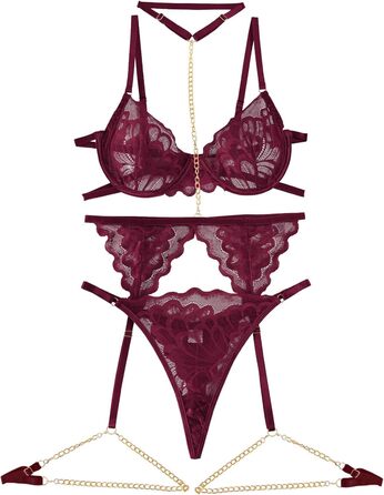 Сексуальний комплект нижньої білизни Lilosy з чокером, мереживний з квітковим візерунком, Push-up, стрінг, для жінок, прозорий бюстгальтер та труси, 3-частини (XXS, ланцюжок Бордовий)