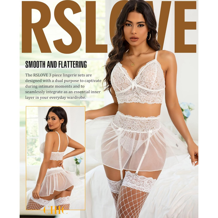 Жіночий комплект спідньої білизни RSOVE: мереживний топ-бюстгальтер, міні-спідниця з мереживом та стрінги. Розмір M, білий