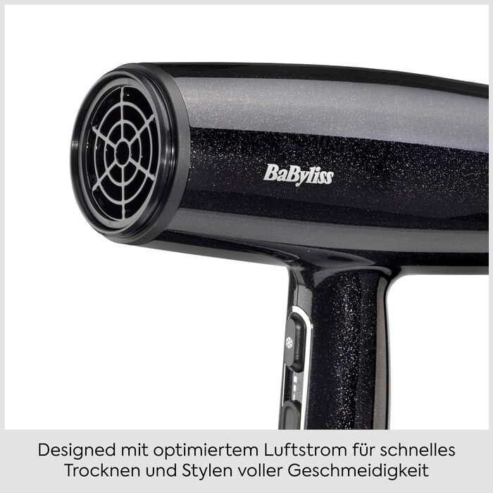 Фен для волосся BaByliss Cosmos D580DE з дифузором, 2100 Вт, іонізація, 3 температурні та 2 швидкості обдуву, сріблястий (Black Sparkle)