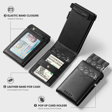 Стильний чоловічий картхолдер VULKIT з RFID-захистом, мінімалістичний тонкий гаманець з Pop-Up механізмом та вікном для ID-картки, на 8 карток, чорний
