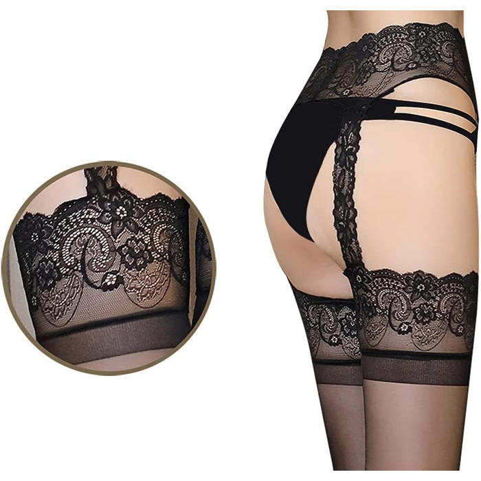 Чорні мереживні панчохи з ремінцями Klönkee для жінок, 12 Den, універсальний розмір