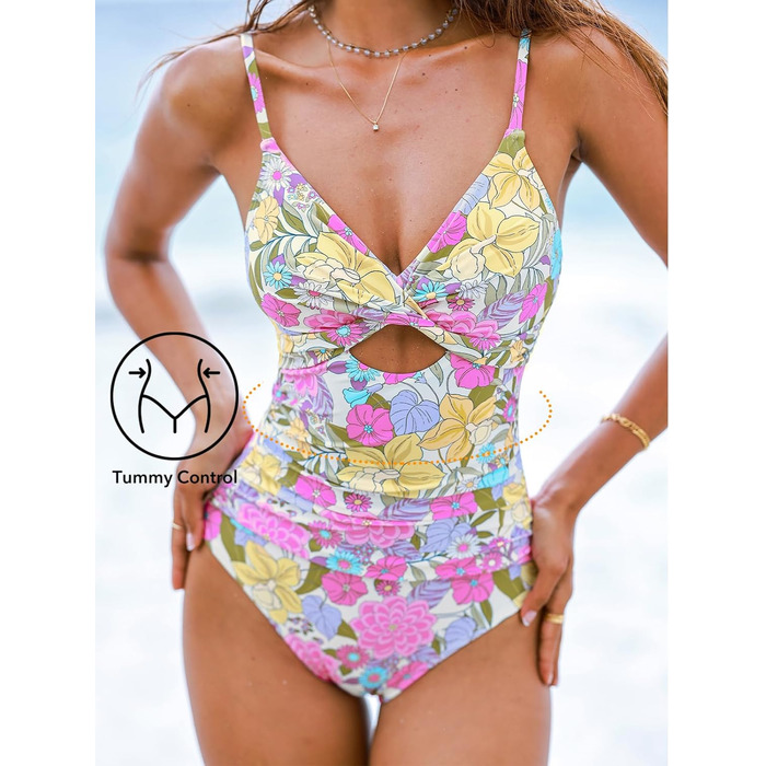 Купальник CUPSHE Daen з V-подібним вирізом, ефект зав'язування, корегуючий, з декоративними вирізами, суцільний (XS, жовтий/рожевий/квіти)