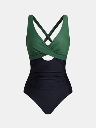 Купальник CUPSHE жіночий з плетінням, V-подібний виріз, декоративні вирізи, корегуючий, суцільний, чорний/леопард (M, темно-зелений/чорний)