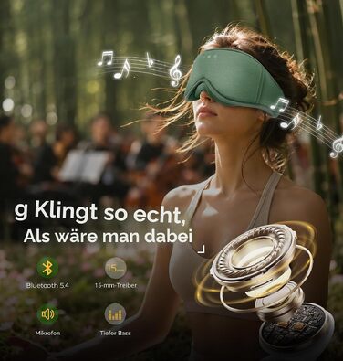 Bluetooth-навушники-маска для сну MUSICOZY 5.4, бамбукова бавовна, повна блокировка світла (Blackout), 16 годин роботи, для бічних сновидів та подорожей, зелена