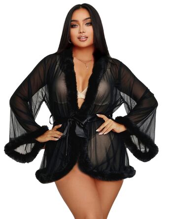 Кимоно жіноче з тюлю, коротка, сексуальна піжама з штучним хутром, прозора, великі розміри, халат, бікіні, нарядний халат, сукня для вагітних з поясом (XL-XXL, чорний)