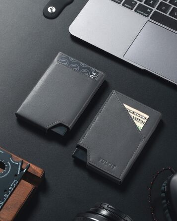 VULKIT Сліманий металевий картхолдер з RFID-захистом та Pop-up механізмом, гаманець з відділенням для купюр та монет, сірий