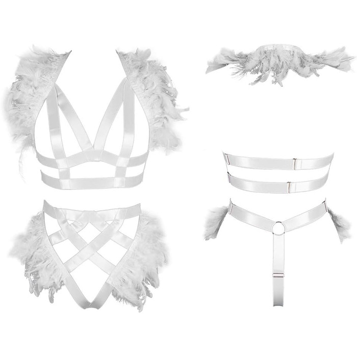Жіночий корсет з пір'ям BBOHSS – набір аксесуарів для тіла, готичний стиль, Burning Man, білий (30)