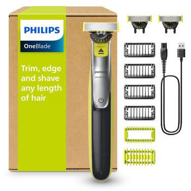 Електричний тример та бритва PHILIPS OneBlade 360 Face & Body QP2834/31 для обличчя та тіла, 3 леза 360, 4 насадки для стрижки (1-5 мм), 2 насадки для тіла, вологоелементне та сухе гоління