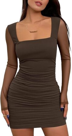 Сукня-футляр ELFIN Daen, довга, облягаюча, з квадратним вирізом, з рюшами, для вечірок, коктейльних вечірок, клубів (кофе, L)