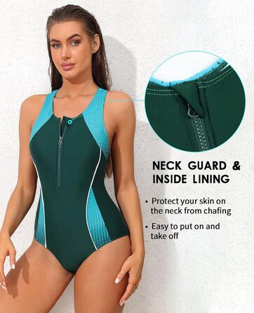 Спортивний купальник Charmo для жінок з животом, цільнокомбінований з блискавкою спереду, з чашками (XL, зелений/бірюзовий)