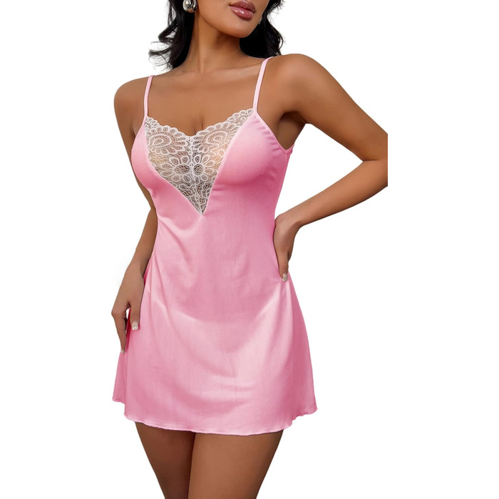 Жіноча нічна сорочка KNDMY з мереживом, V-подібний виріз, відкрита спина, сітчаста міні-сорочка, babydoll, рожевий, розмір S