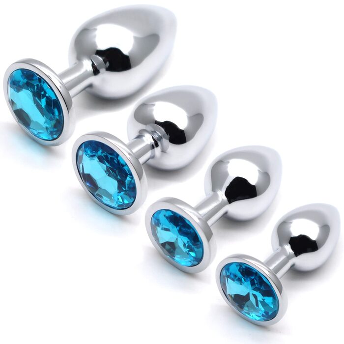 Набір анальних пробок 4 шт. Super Groß zu Klein, срібло, метал. Іграшки для сексу, підходять для початківців, жінок, чоловіків, пар (чорний, синій).