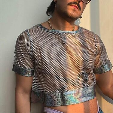 Чоловіча футболка з сіткою та вставками, стильна футболка-кроп топ для вечірок та повсякденного носіння, сірий колір