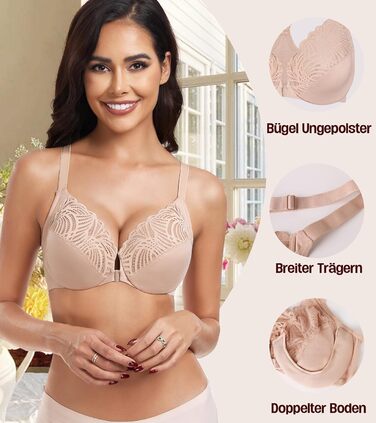 Бюстгальтер жіночий BH з кісточками, закривається спереду, великі розміри, без пуш-ап, м'який, racerback, квітковий принт, мереживо, повна чашка, для великої груди, сильна підтримка, класичний BHS (80E, бежевий)